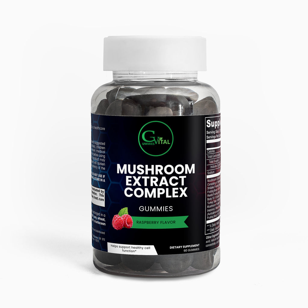 Bottle of Mushroom Extract Complex Gummies with a white background